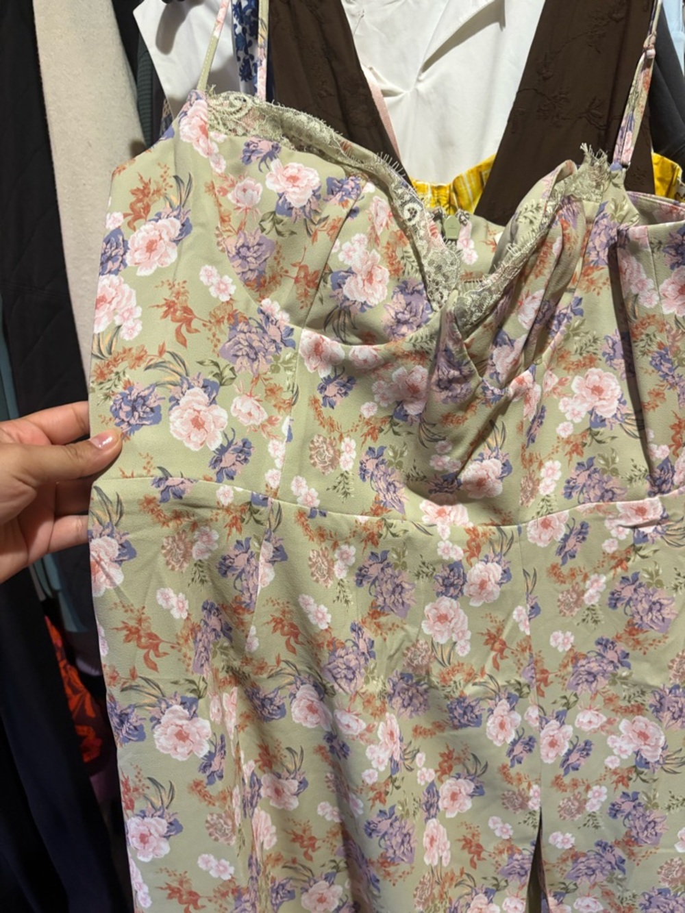 House of CB Olive Green Floral Maxi Dress with Pink & Purple Blooms